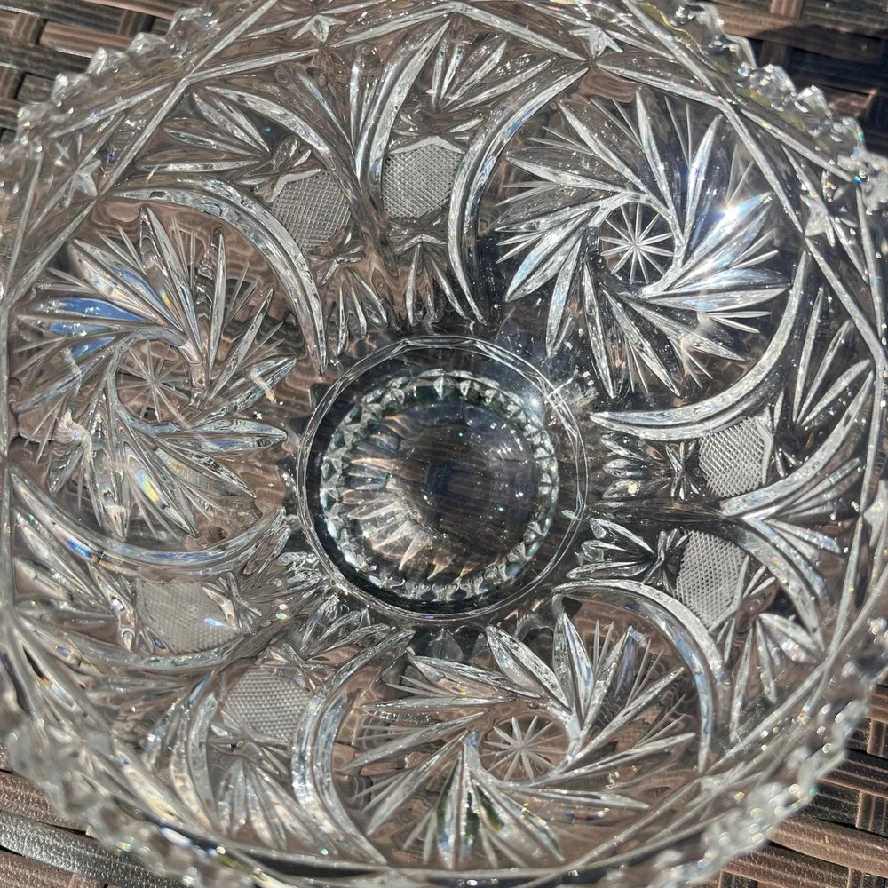 Vintage Cut‎ Lead Crystal Bowl Pinwheel Hobstar Pattern Pedestal Foot Scalloped